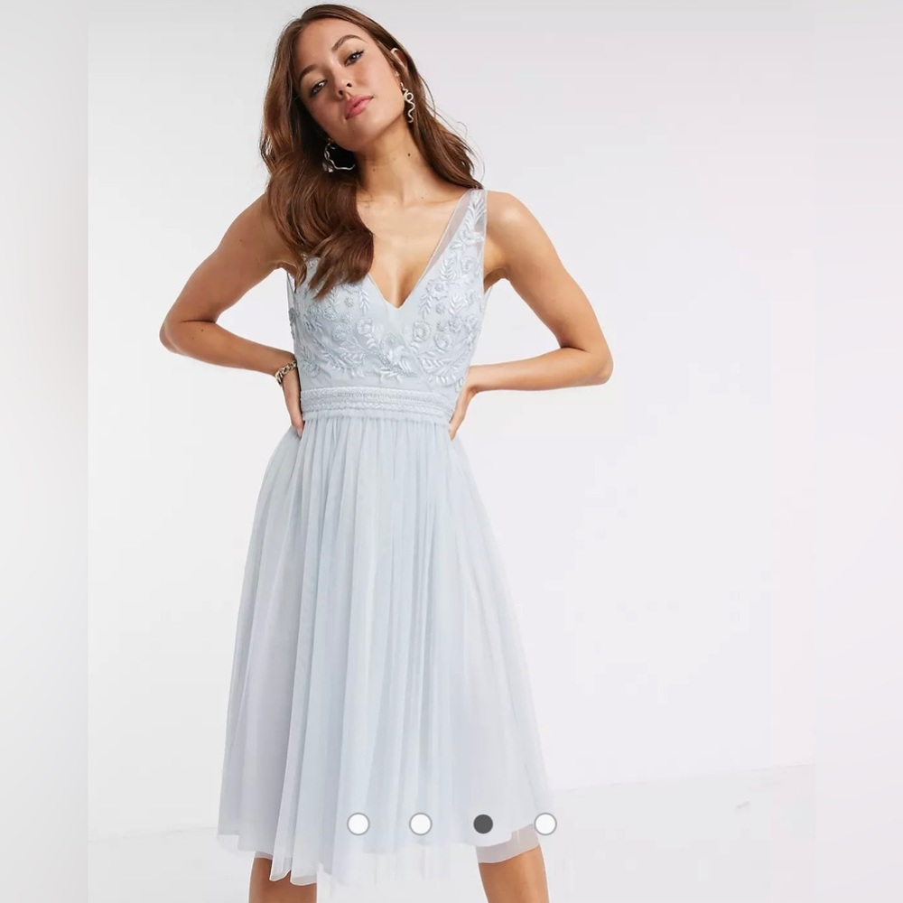 French Connection Estelle embellished v neck dress in blue